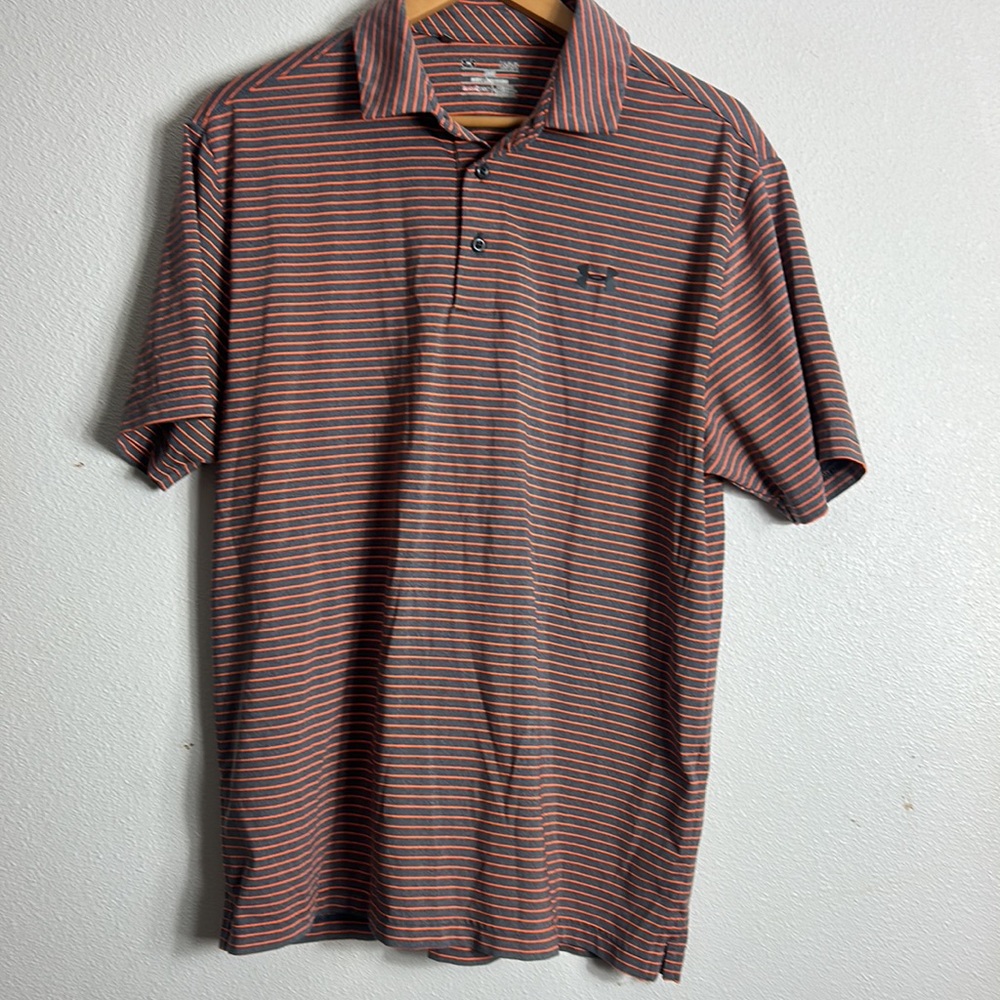 Under Armour polo buttons gray and orange striped shirt sleeves logo size Large